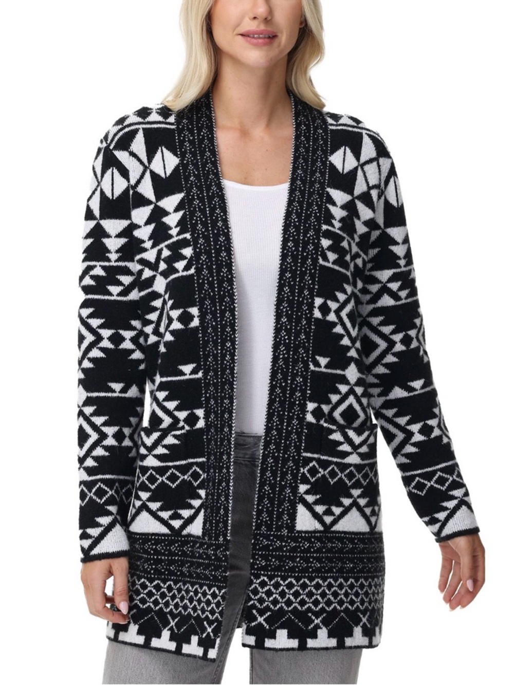 Frye Women’s Patterned Cardigan Medium Black White Open Front NWT